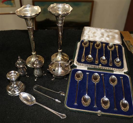 Cased silver spoons, condiments etc